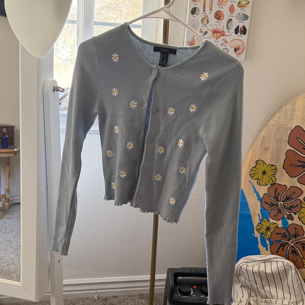 Forever 21 Blue Cardigan with Daisy Embroidery